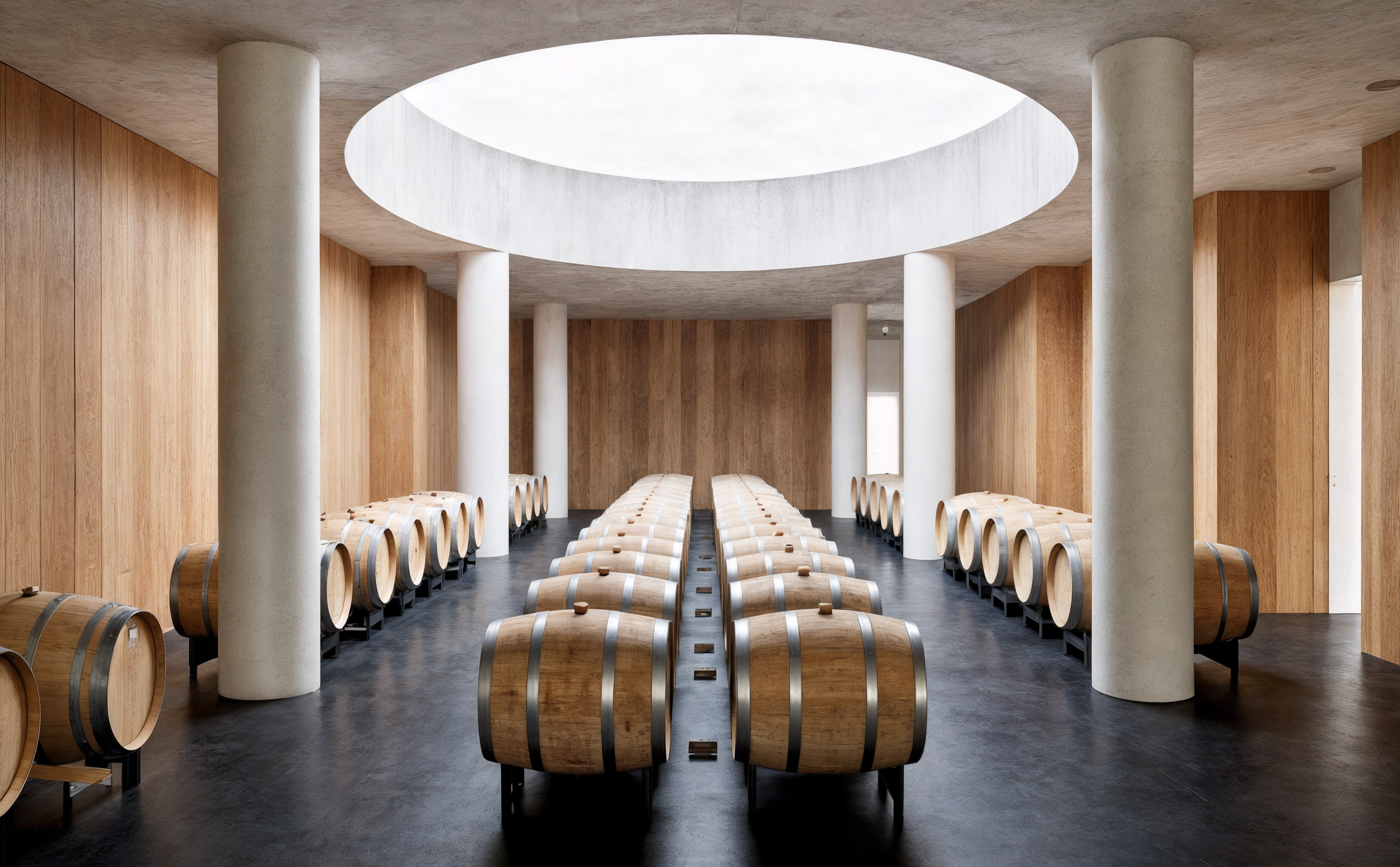 Modern wine cellar with oak barrels under skylight for exclusive wine tasting experiences