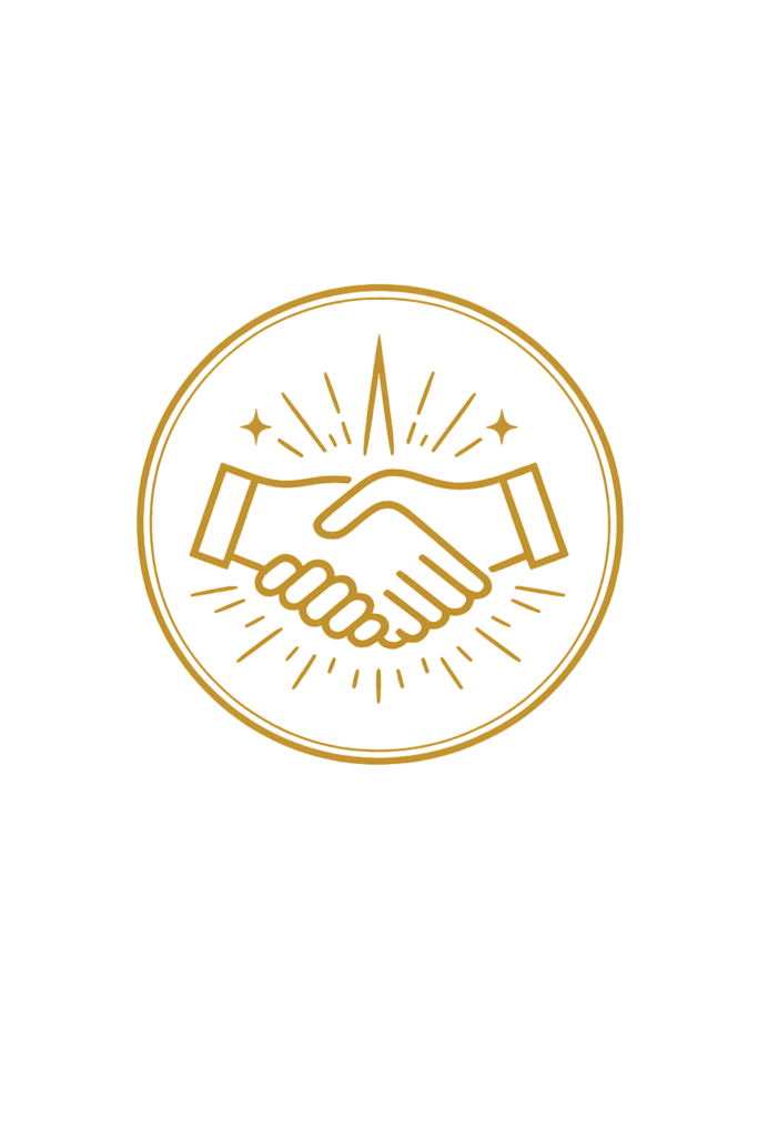 Golden handshake icon representing trusted partnerships, meaningful connections and premium collaborations for Wine Ambassador.